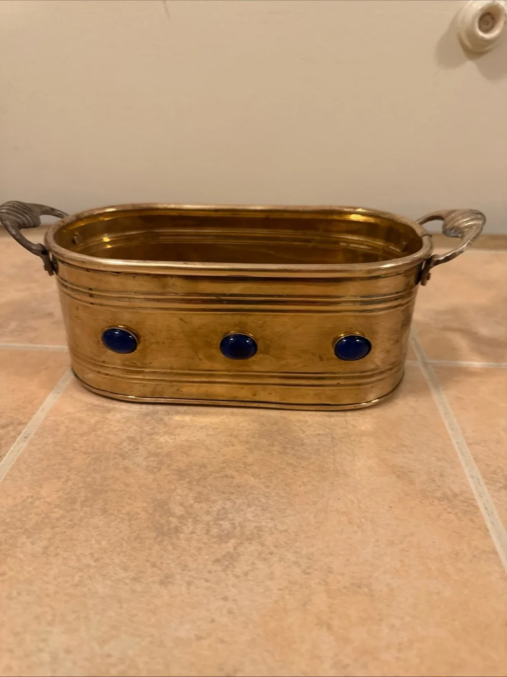 2 Vintage Brass Planters  W/Handles & Jewels Along The Side